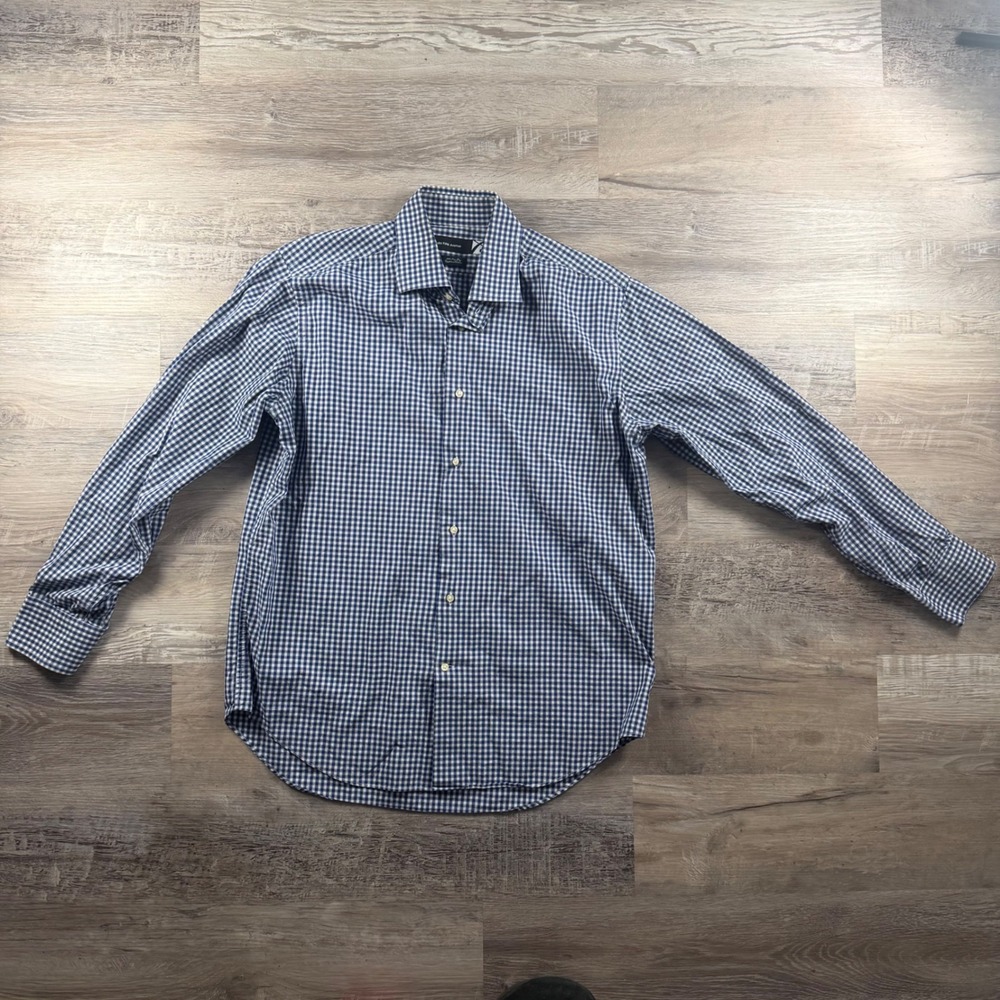 Saks Fifth Avenue Mens Blue Gingham Egyptian Cotton Button Down Shirt 16.5 3851